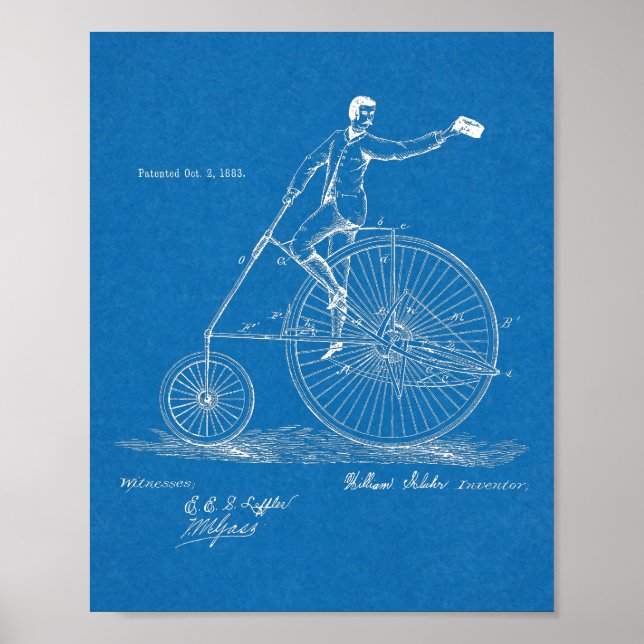 1883 High Wheeler Bicycle Design Patent Art Print (Front)