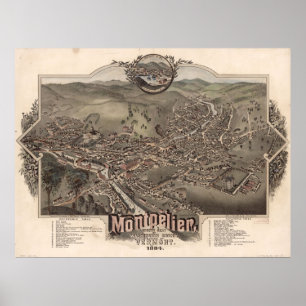 1884 Montpelier, VT Bird's Eye View Panoramic Map Poster