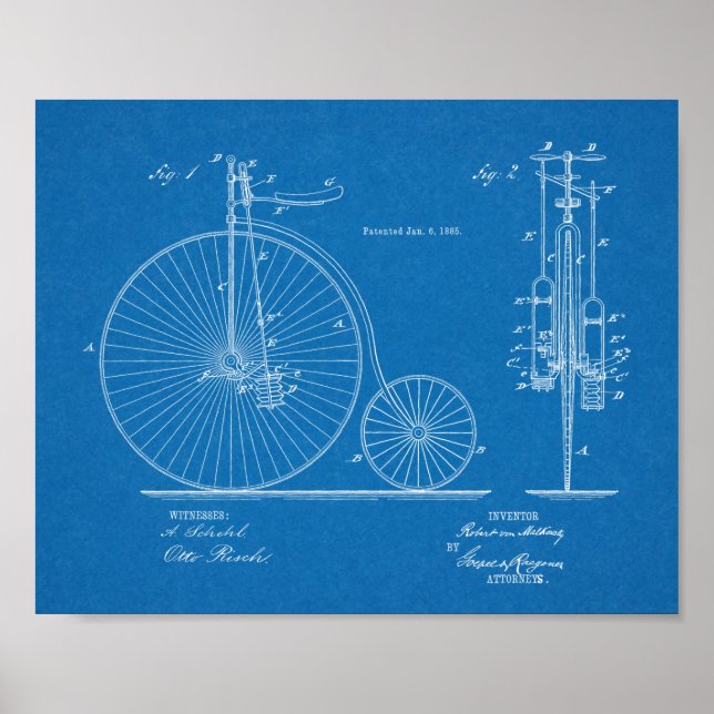 1885 High Wheeler Bicycle Design Patent Art Print (Front)