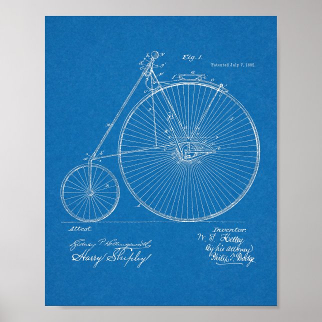 1885 High Wheeler Bicycle Design Patent Art Print (Front)