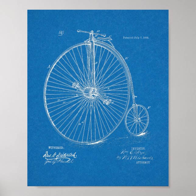 1885 High Wheeler Bicycle Design Patent Art Print (Front)