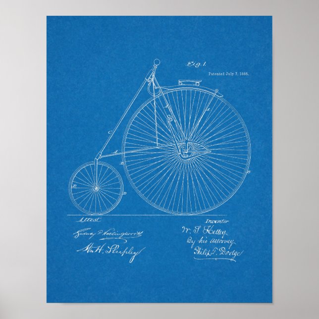 1885 High Wheeler Bicycle Design Patent Art Print (Front)