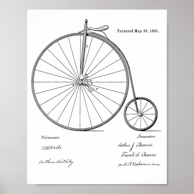 1885 Vintage High Wheeler Bicycle Patent Art Print (Front)