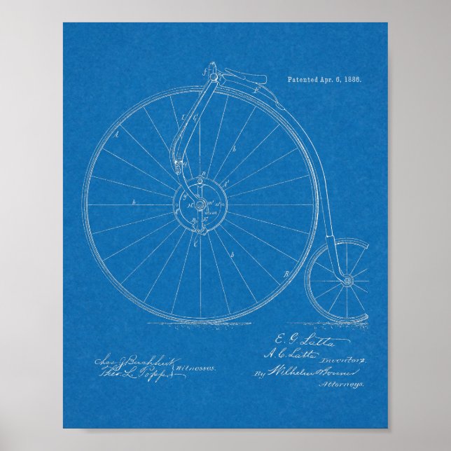 1886 High Wheeler Bicycle Design Patent Art Print (Front)