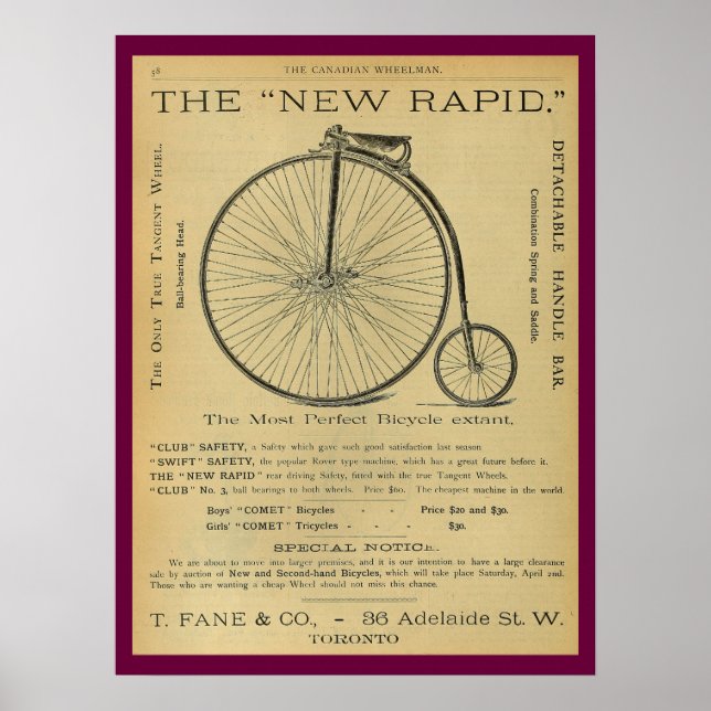 1886 Vintage High Wheeler Magazine Ad Art Poster (Front)