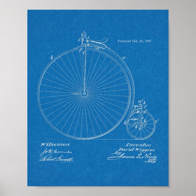 1887 High Wheeler Bicycle Design Patent Art Print (Front)