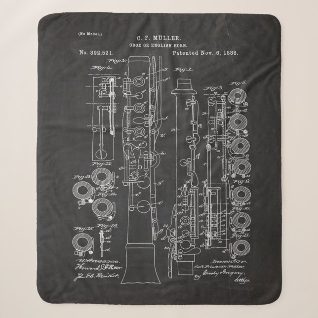 1888 Oboe or English Horn - Patent Drawing Sherpa Blanket (Front)
