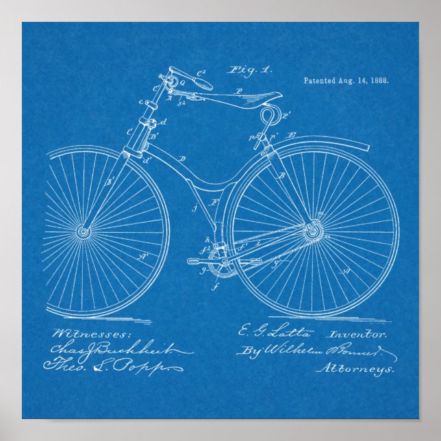 1888 Vintage Bicycle Design Patent Art Print (Front)