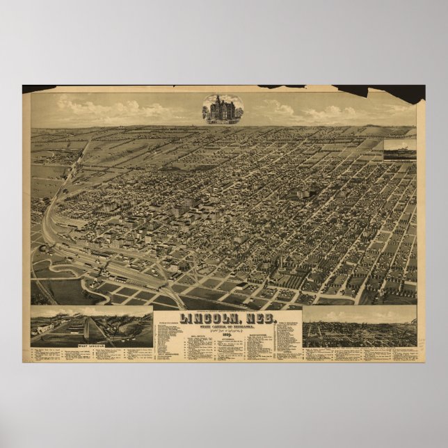 1889 Lincoln, NE Birds Eye View Panoramic Map Poster (Front)