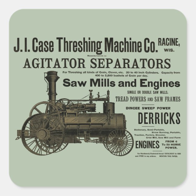 1889 Threshing Machine Steam Engine Farm Farming Square Sticker (Front)