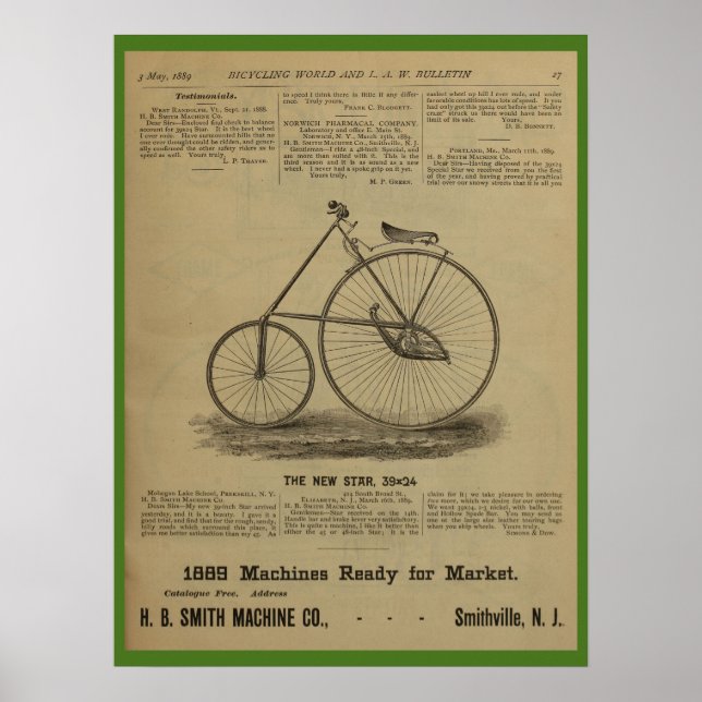 1889 Vintage Bicycle Magazine Ad Art Poster (Front)