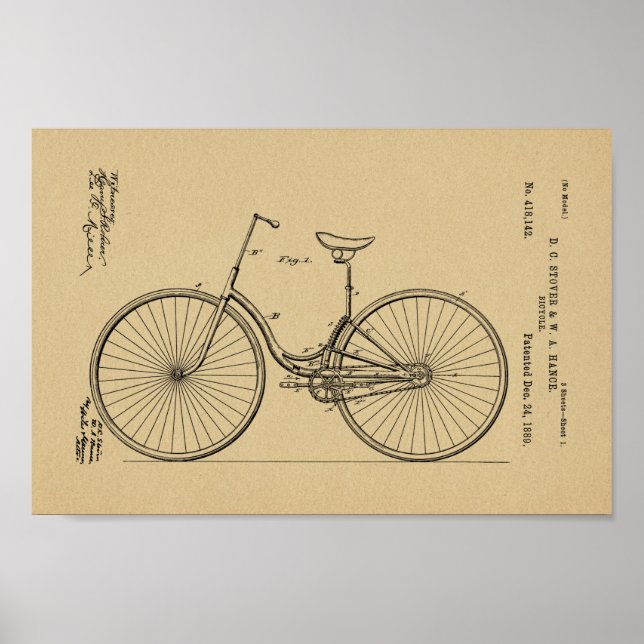 1889 Vintage Bicycle Patent Art Print (Front)