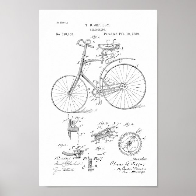 1889 Vintage Bicycle Velocipede Patent Art Print (Front)