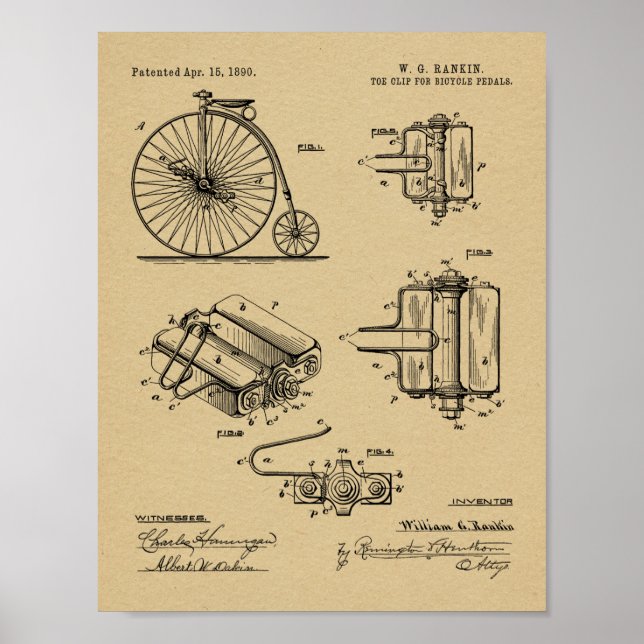 1890 Bicycle High Wheeler Pedal Design Patent Art Poster (Front)