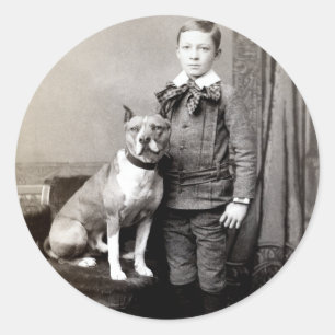 1890 Boy and his American Staffordshire Terrier Classic Round Sticker