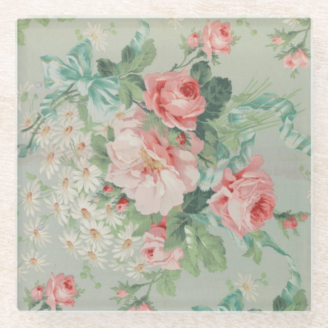 1890 British Vintage Fabric Roses & Daisies  Glass Coaster (Front)