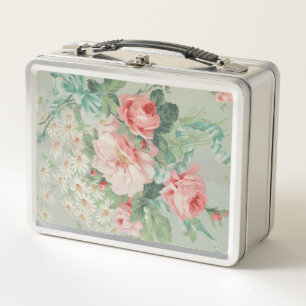 1890 British Vintage Fabric Roses & Daisies Metal Lunch Box