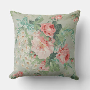 1890 British Vintage Fabric Roses & Daisies Throw Pillow