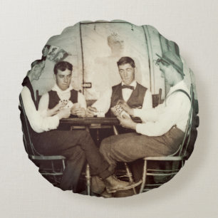 1890 Poker Game Men Gambling Cards Man Cave Photo Round Pillow