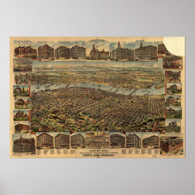 1890 Portland, OR Birds Eye View Panoramic Map Poster (Front)