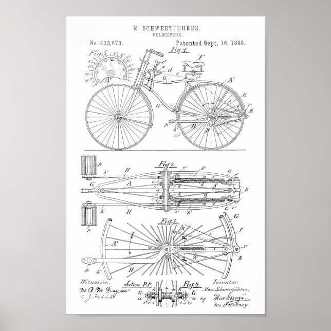 1890 Vintage Bicycle Design Patent Art Print (Front)