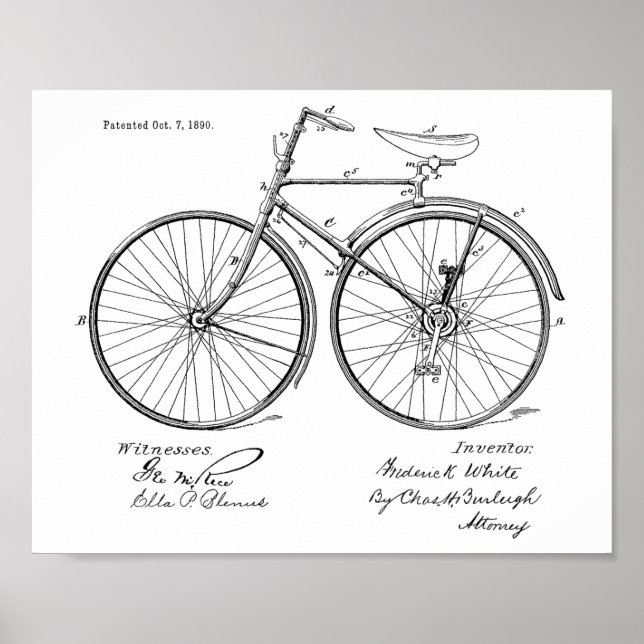 1890 Vintage Bicycle Design Patent Art Print (Front)