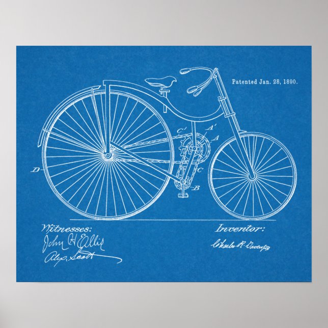 1890 Vintage Bicycle Patent Blueprint Art Print (Front)