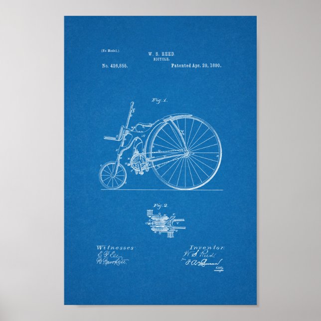 1890 Vintage Bicycle Patent Print Blueprint (Front)