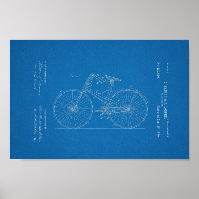 1890 Vintage Bicycle Velocipede Patent Print (Front)