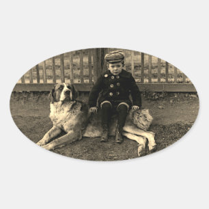 1890's Boy Sitting on St Bernard Dog Photograph Oval Sticker