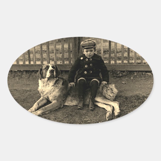 1890's Boy Sitting on St Bernard Dog Photograph Oval Sticker (Front)