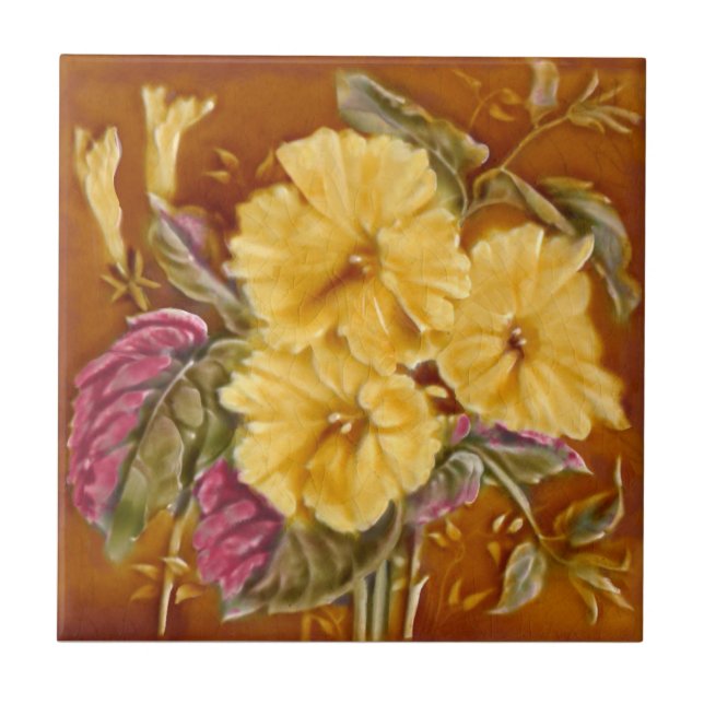 1890s Lea Boulton Yellow Floral Repro Faux Relief Tile (Front)