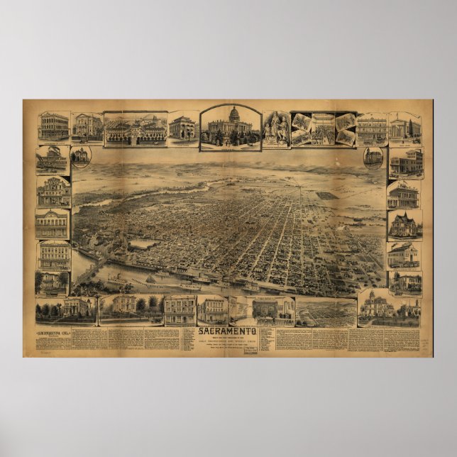 1890's Sacramento CA Birds Eye View Panoramic Map Poster (Front)