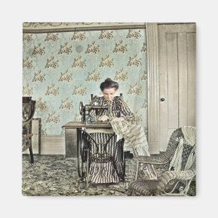 1890's Woman at Sewing Machine Photo Tinted Magnet