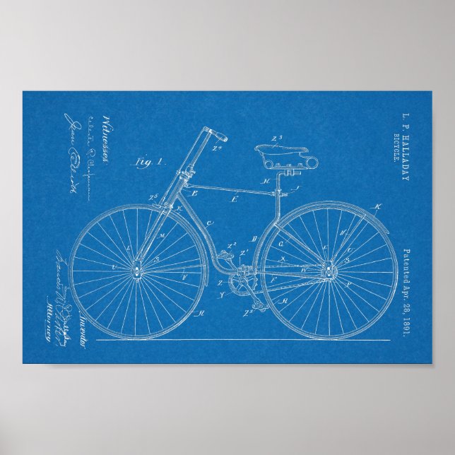 1891 Bicycle Patent Art Drawing Print (Front)