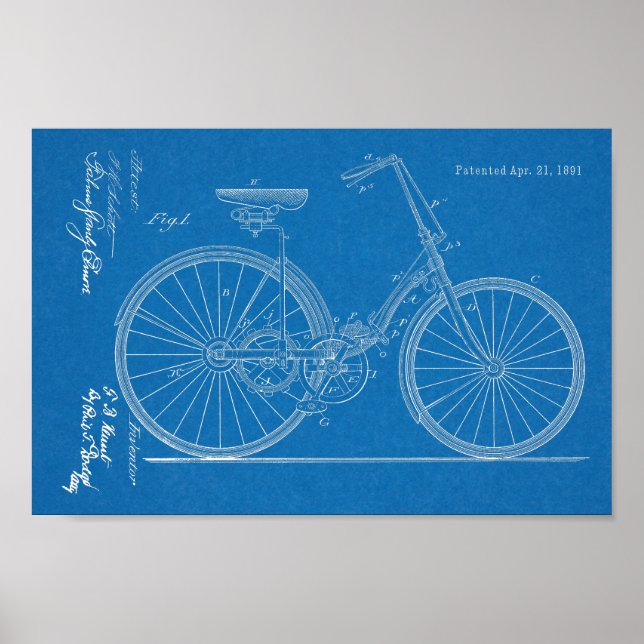 1891 Chainless Bicycle Design Patent Art Print (Front)