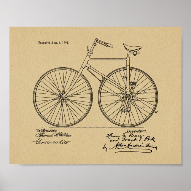 1891 Vintage Bicycle Design Patent Art Print (Front)