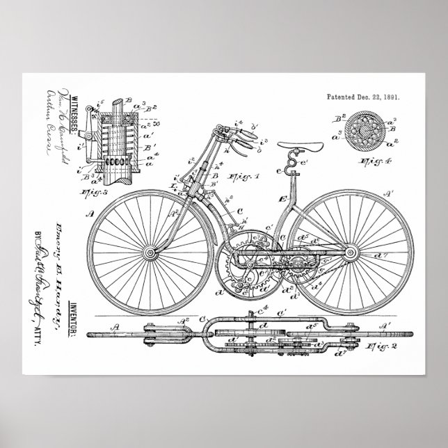 1891 Vintage Bicycle Gear Design Patent Art Print (Front)