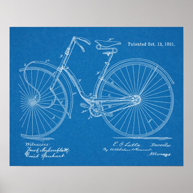 1891 Vintage Bicycle Patent Blueprint Art Print (Front)