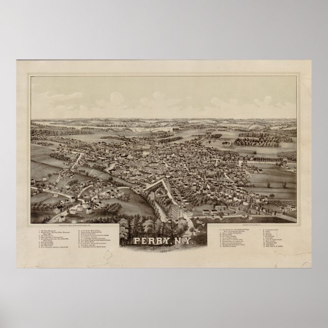 1892 Perry, NY Birds Eye View Panoramic Map Poster (Front)