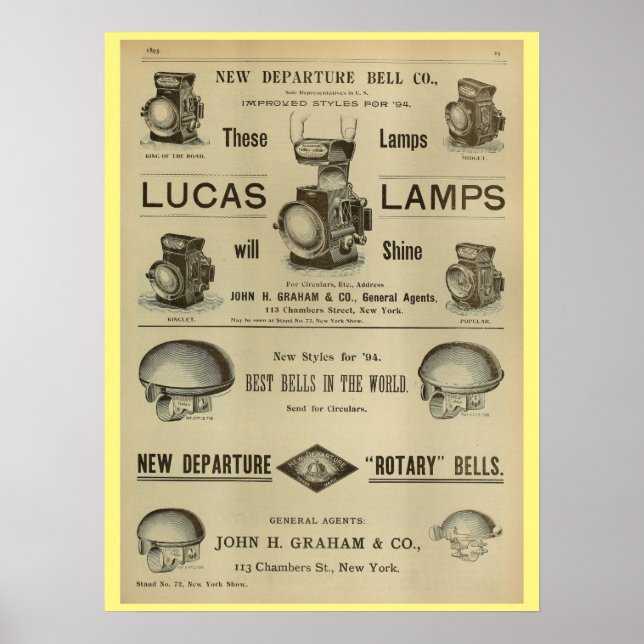 1893 Vintage Bicycle Lamps Magazine Ad Art Poster (Front)