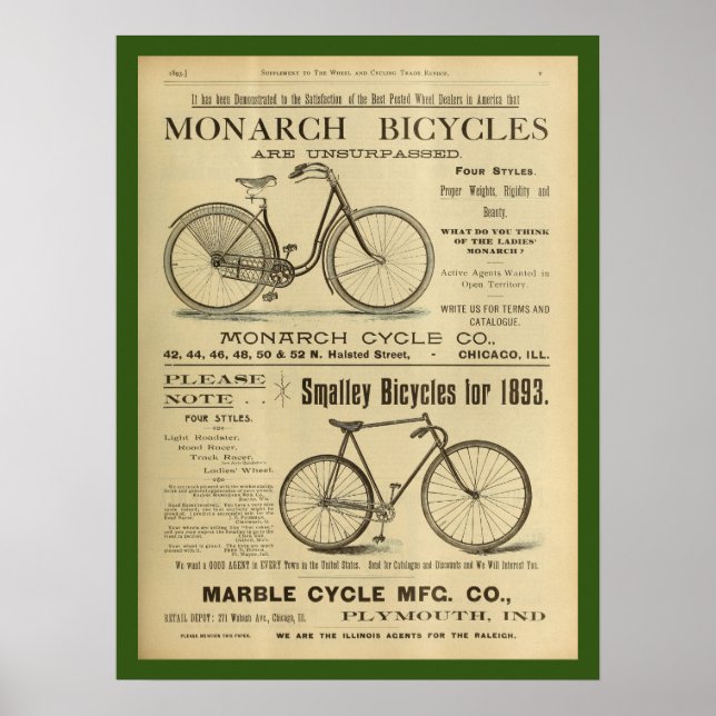 1893 Vintage Monarch Bicycle Ad Art Poster (Front)