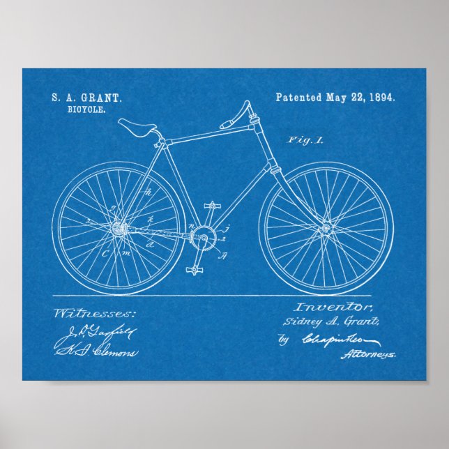 1894 Chainless Shaft Drive Bicycle Patent Print (Front)