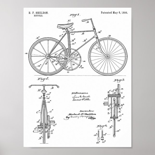 1894 Gear Drive Bicycle Design Patent Art Print (Front)