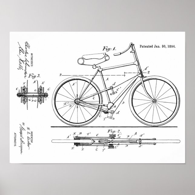 1894 Lever Propelled Bicycle Patent Art Print (Front)