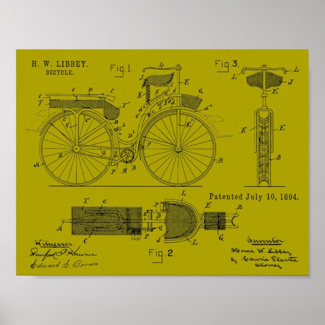 1894 Military Bicycle Patent Art Drawing Print (Front)