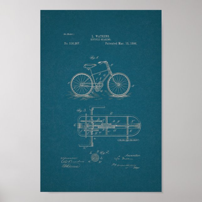 1894 Vintage Bicycle Gears Patent Print Blueprint (Front)