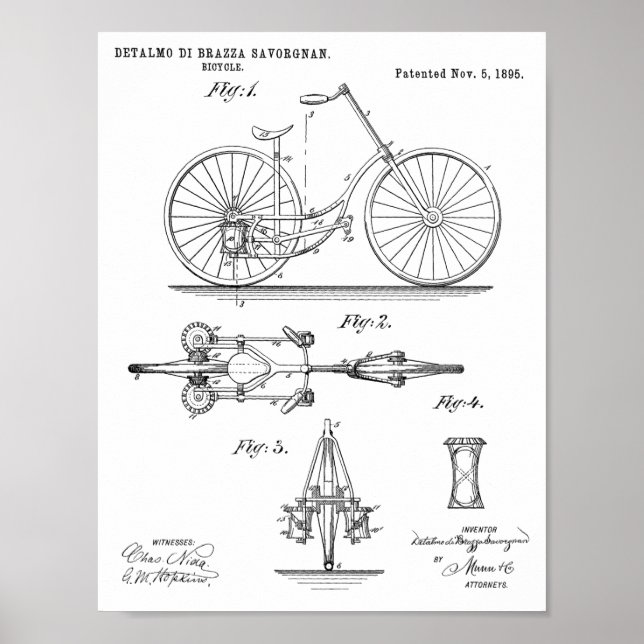 1895 Chainless Bicycle Design Patent Art Print (Front)