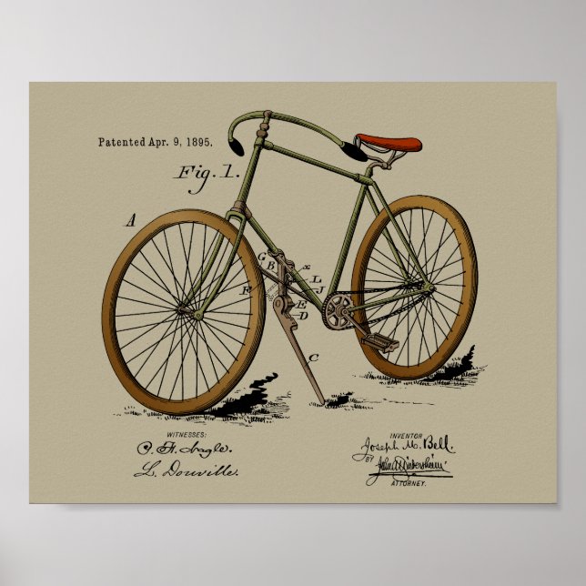 1895 Vintage Bicycle Patent Colour Art Print (Front)