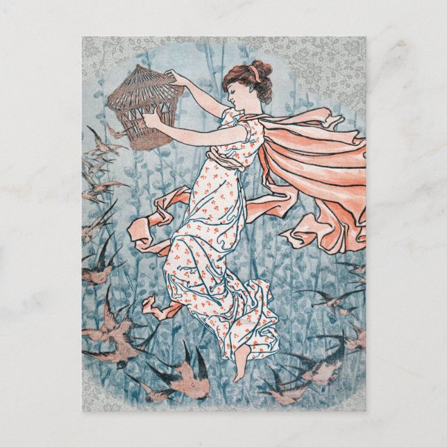 1896 Art Nouveau Illustration with Woman and Birds Postcard (Front)